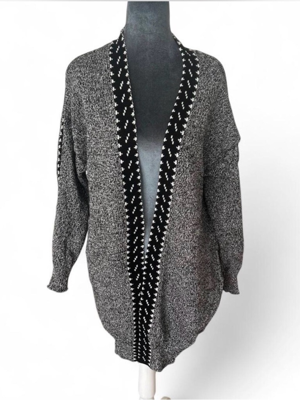 LOFT Black and Gray Marled Open-Front Cardigan with Contrast Trim